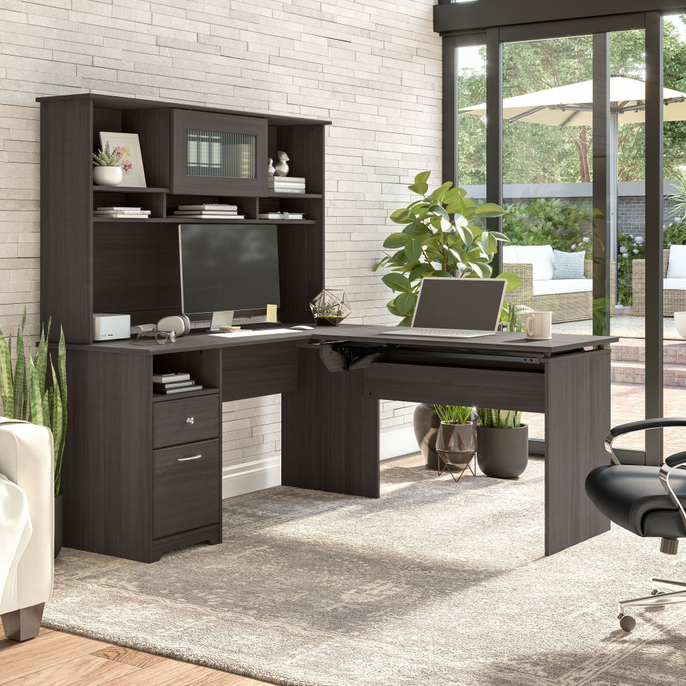 Shop Bush Furniture Cabot 60W 3 Position Sit to Stand L Shaped Desk with Hutch, Image 04, CAB045HRG, #color_heather gray