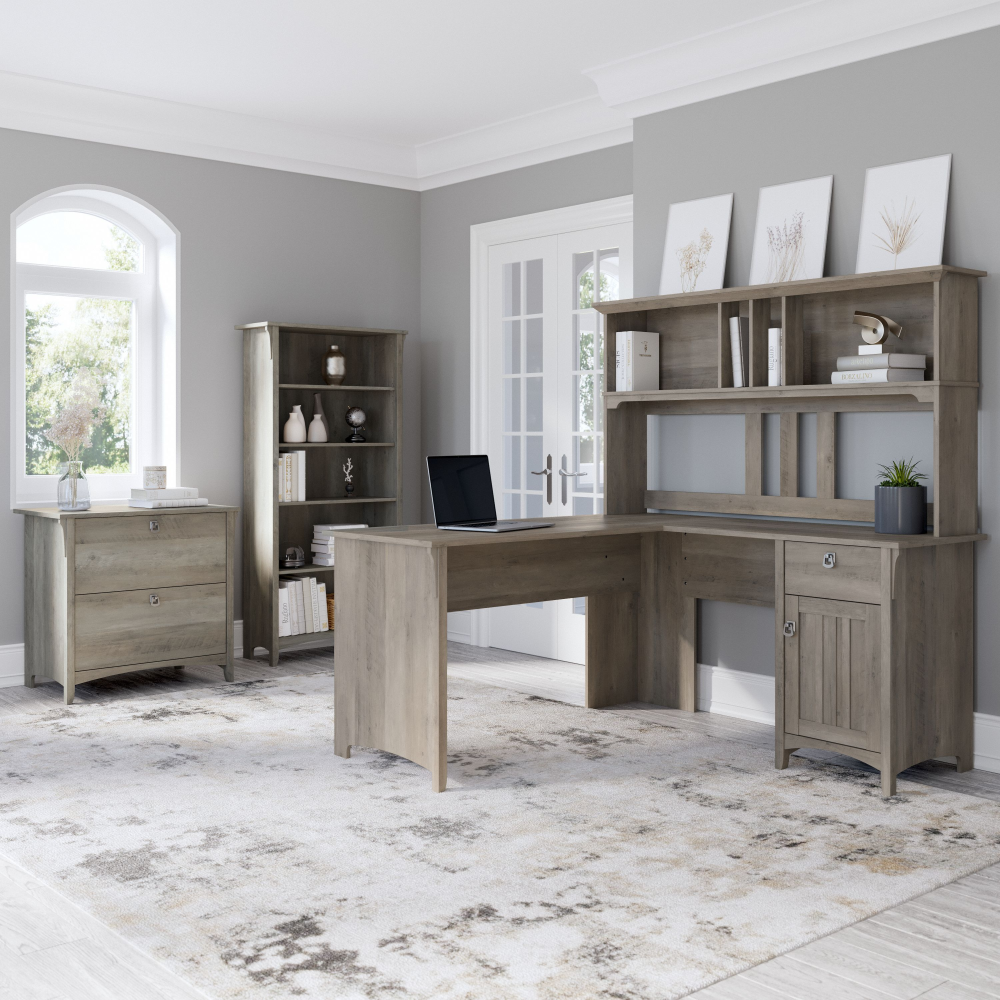 Shop Bush Furniture Salinas 60W L Shaped Desk with Hutch, Lateral File Cabinet and 5 Shelf Bookcase, Image 02, SAL007DG, #color_driftwood gray