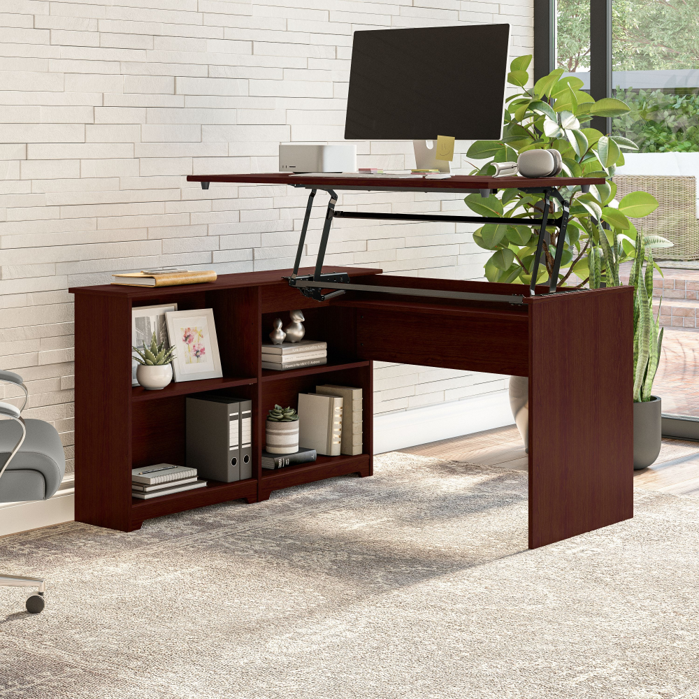 Shop Bush Furniture Cabot 52W 3 Position Sit to Stand Corner Bookshelf Desk, Image 02, WC31416-03, #color_harvest cherry