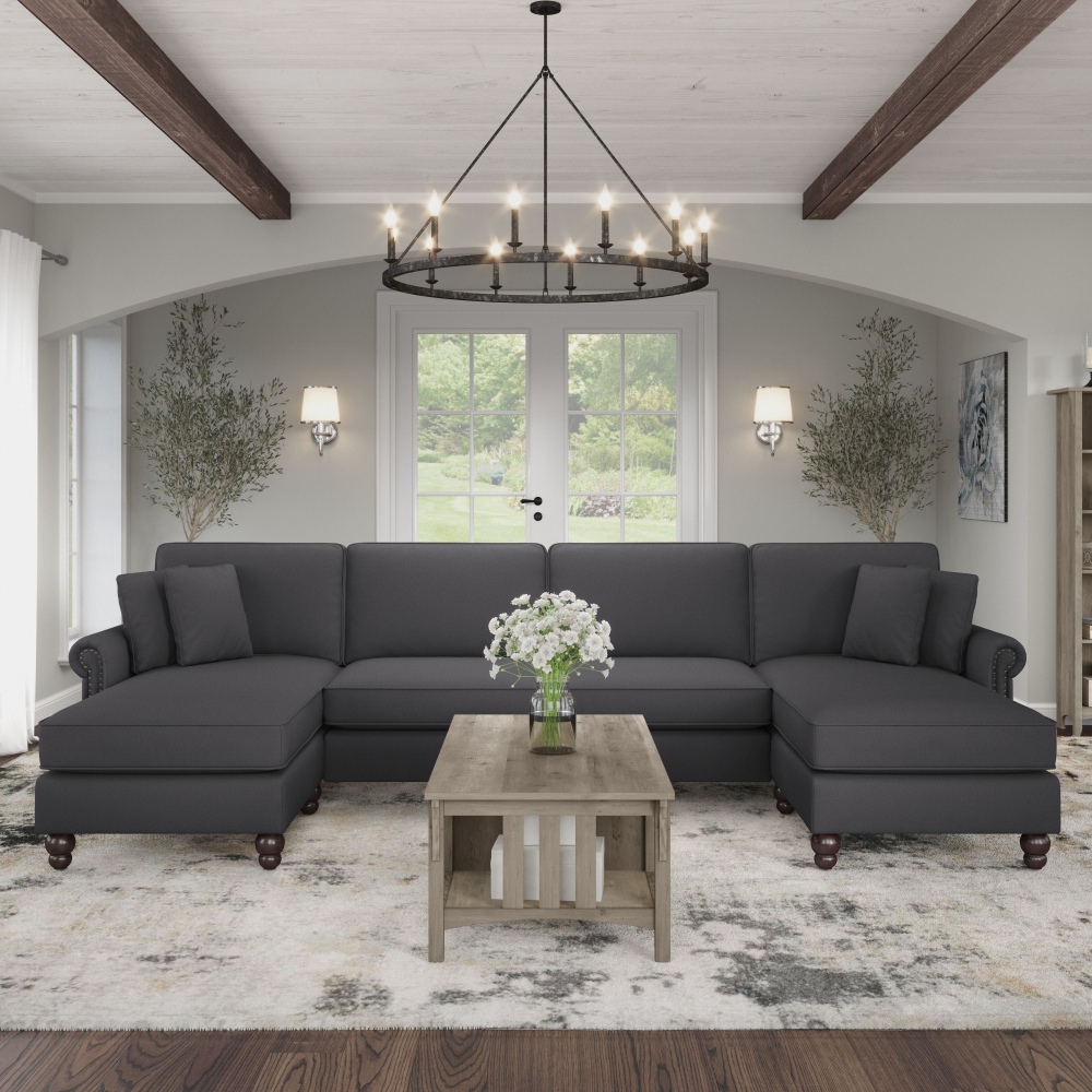 Shop Bush Furniture Coventry 131W Sectional Couch with Double Chaise Lounge, Image 02, CVY130BCGH-03K, #color_charcoal gray herringbone fabr