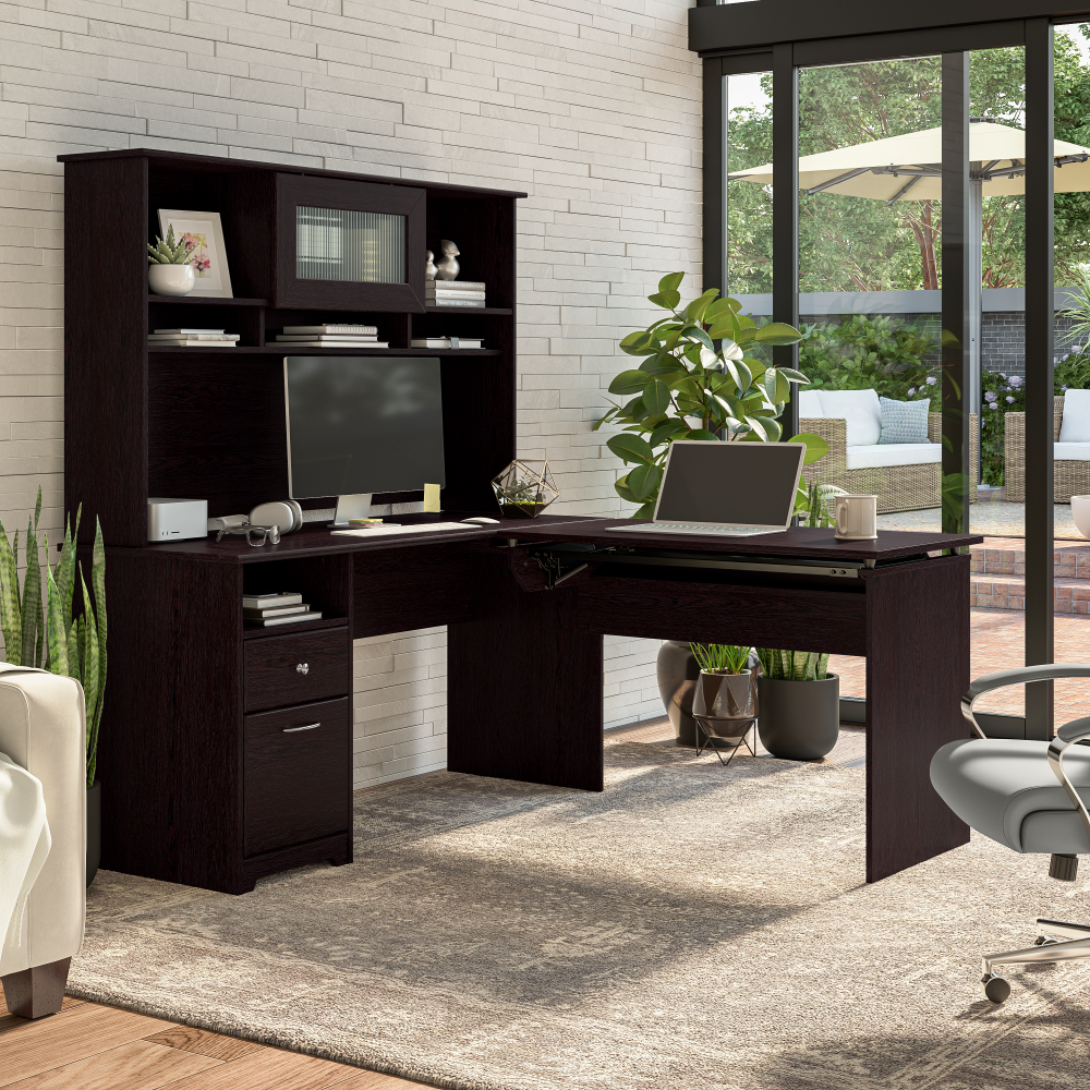 Shop Bush Furniture Cabot 60W 3 Position Sit to Stand L Shaped Desk with Hutch, Image 04, CAB045EPO, #color_espresso oak