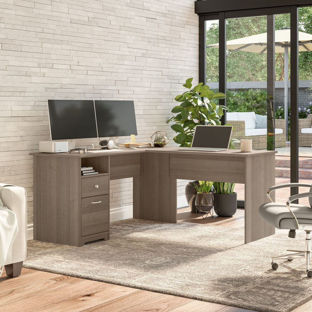 Shop Bush Furniture Cabot 60W L Shaped Computer Desk with Drawers, Image 02, CAB044AG, #color_ash gray