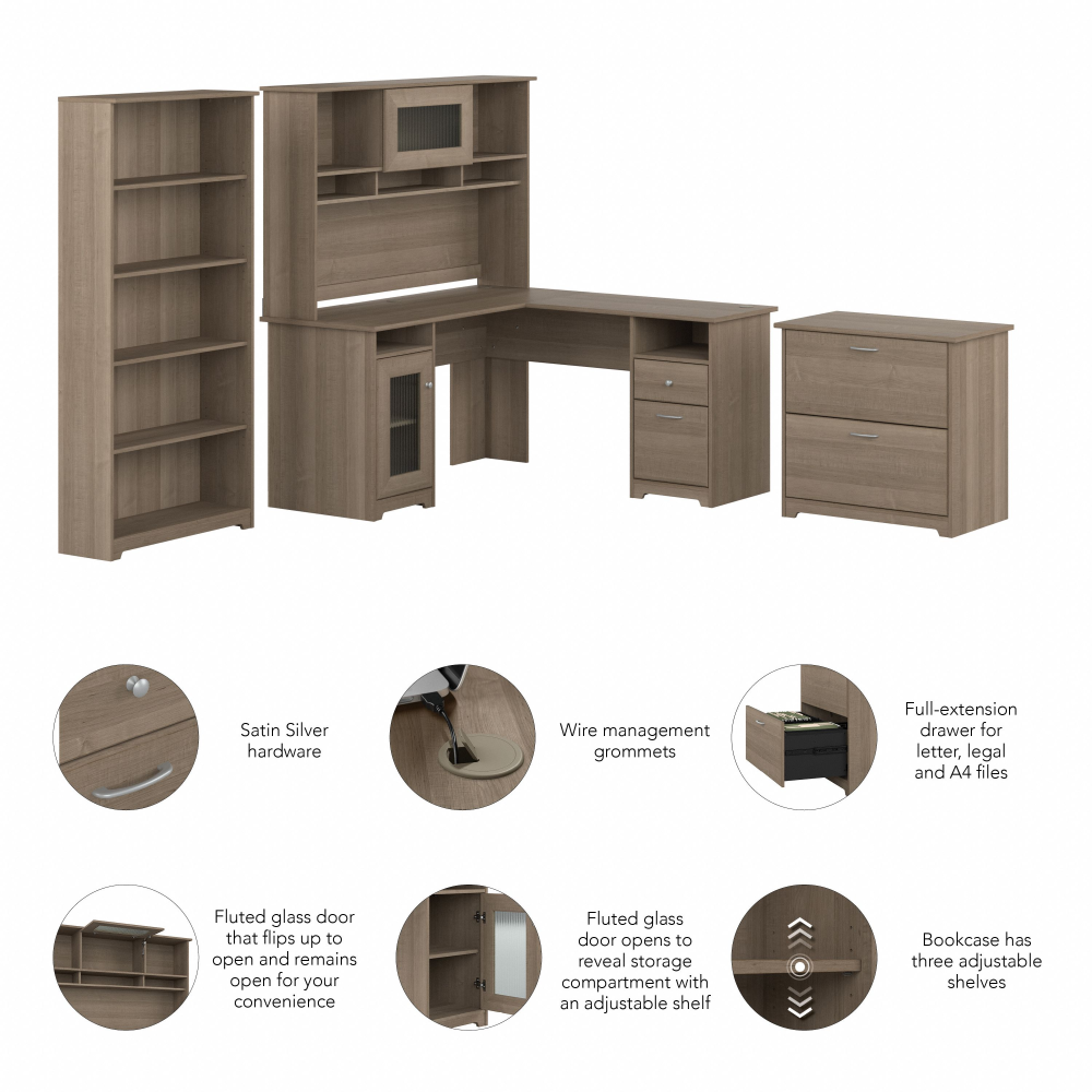 Shop Bush Furniture Cabot 60W L Shaped Computer Desk with Hutch, File Cabinet and Bookcase, Image 06, CAB010AG, #color_ash gray