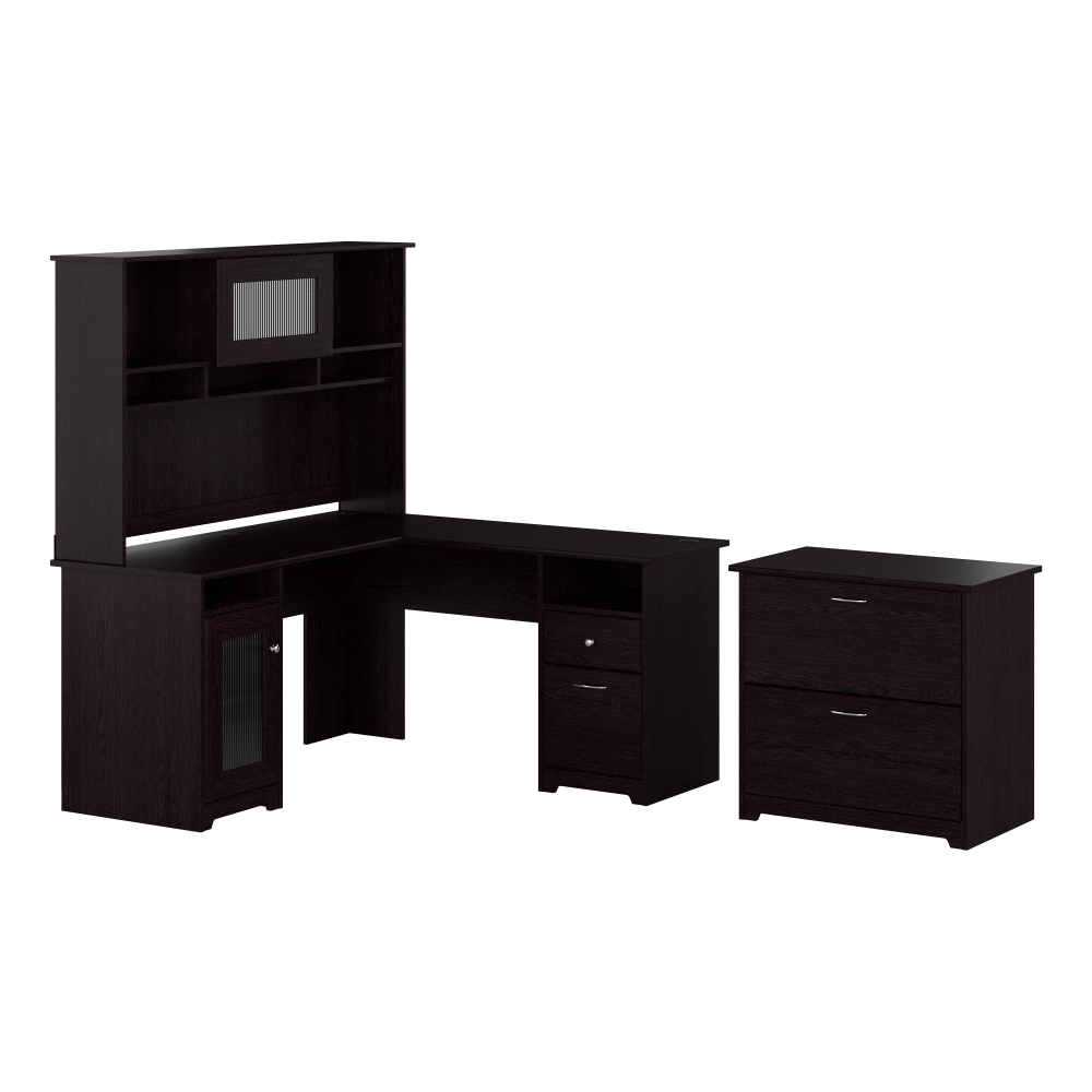 Shop Bush Furniture Cabot 60W L Shaped Computer Desk with Hutch and Lateral File Cabinet, Image 01, CAB005EPO, #color_espresso oak