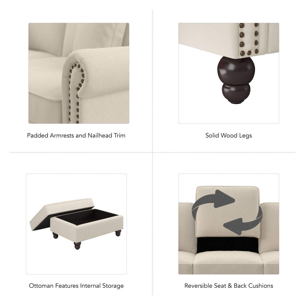 Shop Bush Furniture Coventry 85W Sofa with Loveseat, Accent Chair, and Ottoman, Image 06, CVN020CRH, #color_cream herringbone fabric