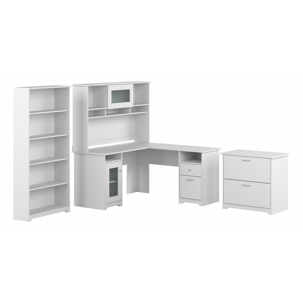 Shop Bush Furniture Cabot 60W L Shaped Computer Desk with Hutch, File Cabinet and Bookcase, Image 01, CAB010WHN, #color_white