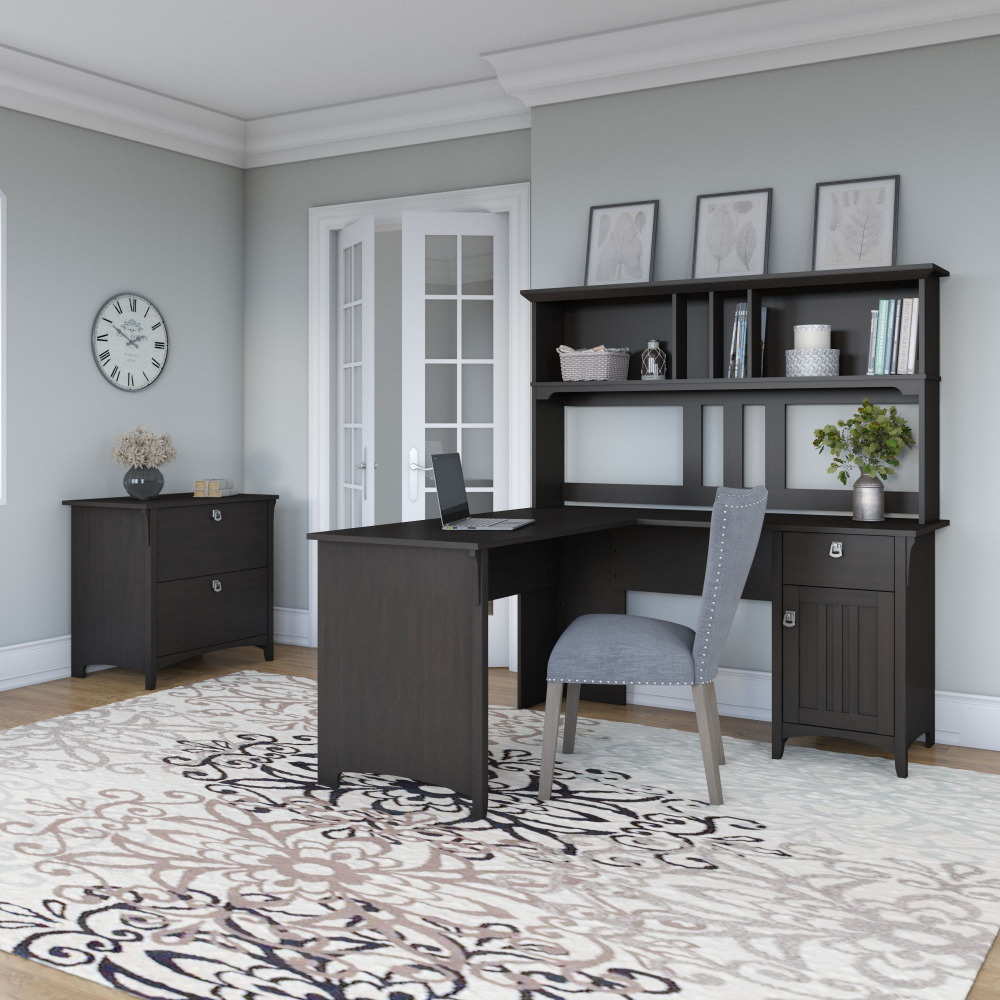 Shop Bush Furniture Salinas 60W L Shaped Desk with Hutch and Lateral File Cabinet, Image 02, SAL005VB, #color_vintage black