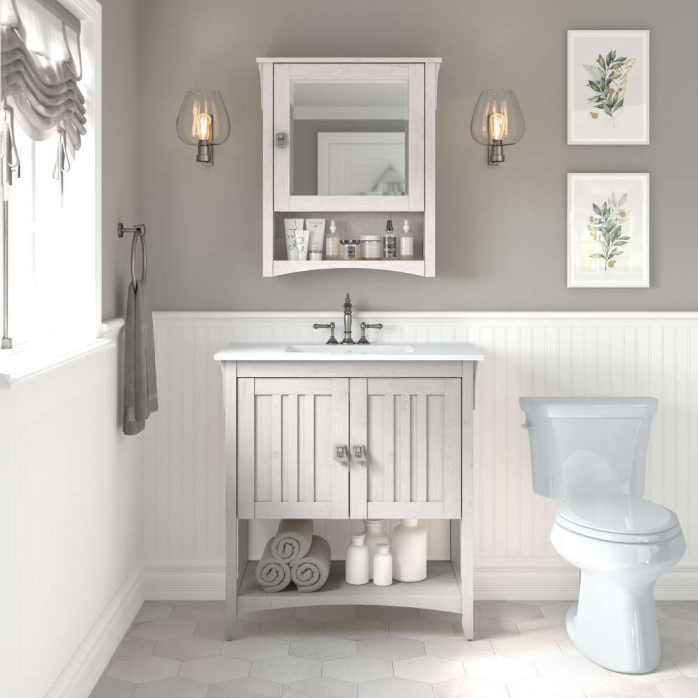 Shop Bush Furniture Salinas 32W Bathroom Vanity Sink and Medicine Cabinet with Mirror, Image 02, SAL020LW, #color_linen white oak