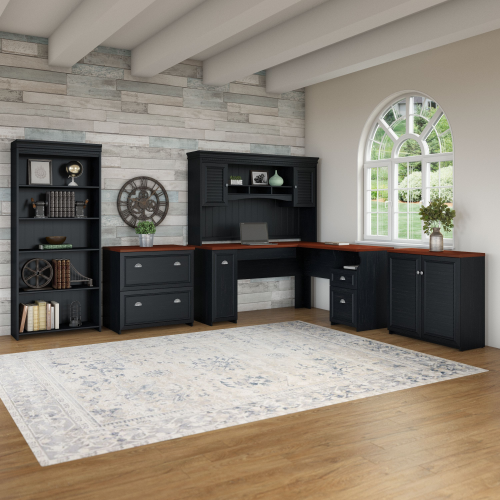 Shop Bush Furniture Fairview 60W L Shaped Desk with Hutch, File Cabinet, Bookcase and Storage, Image 02, FV013AB, #color_antique black/hansen cherry