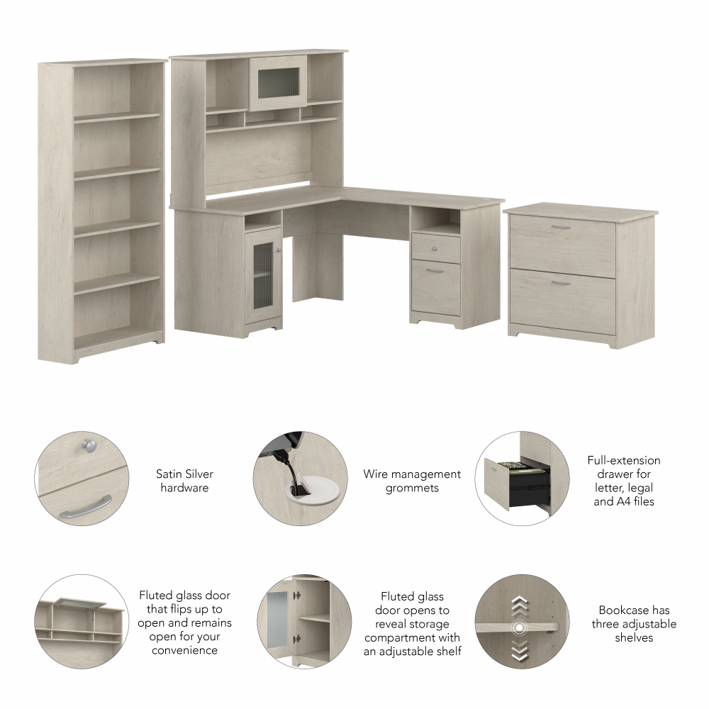 Shop Bush Furniture Cabot 60W L Shaped Computer Desk with Hutch, File Cabinet and Bookcase, Image 06, CAB010LW, #color_linen white oak
