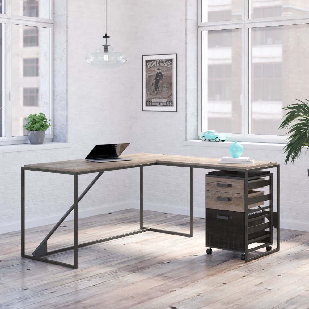 Shop Bush Furniture Refinery 62W L Shaped Industrial Desk with 3 Drawer Mobile File Cabinet, Image 02, RFY018RG, #color_rustic gray/charred wood
