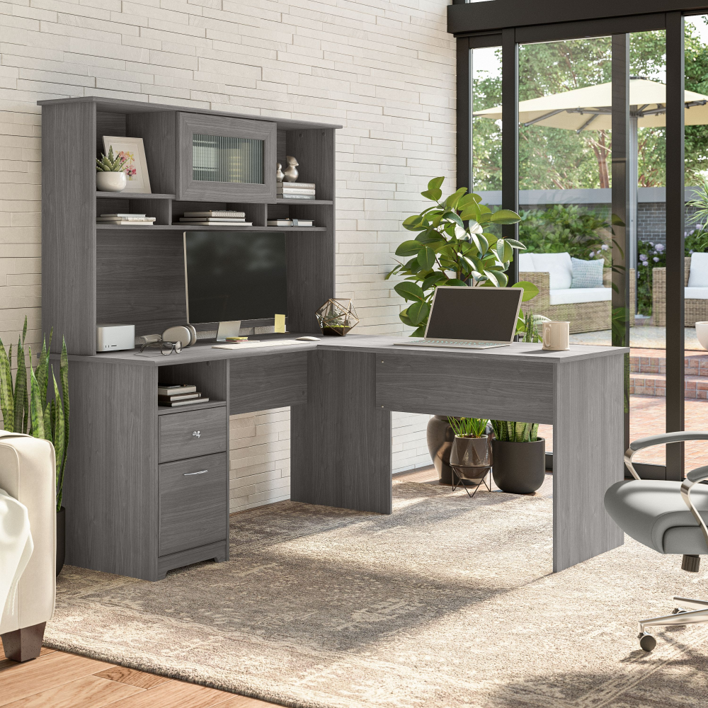 Shop Bush Furniture Cabot 60W L Shaped Computer Desk with Hutch and Drawers, Image 02, CAB046MG, #color_modern gray