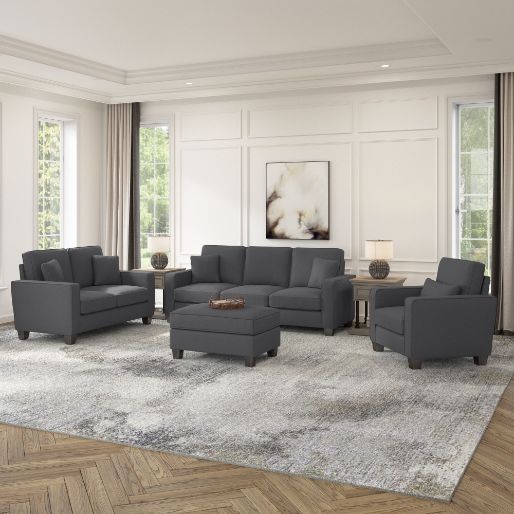 Shop Bush Furniture Stockton 85W Sofa with Loveseat, Accent Chair, and Ottoman, Image 02, SKT020CGH, #color_charcoal gray herringbone fabr