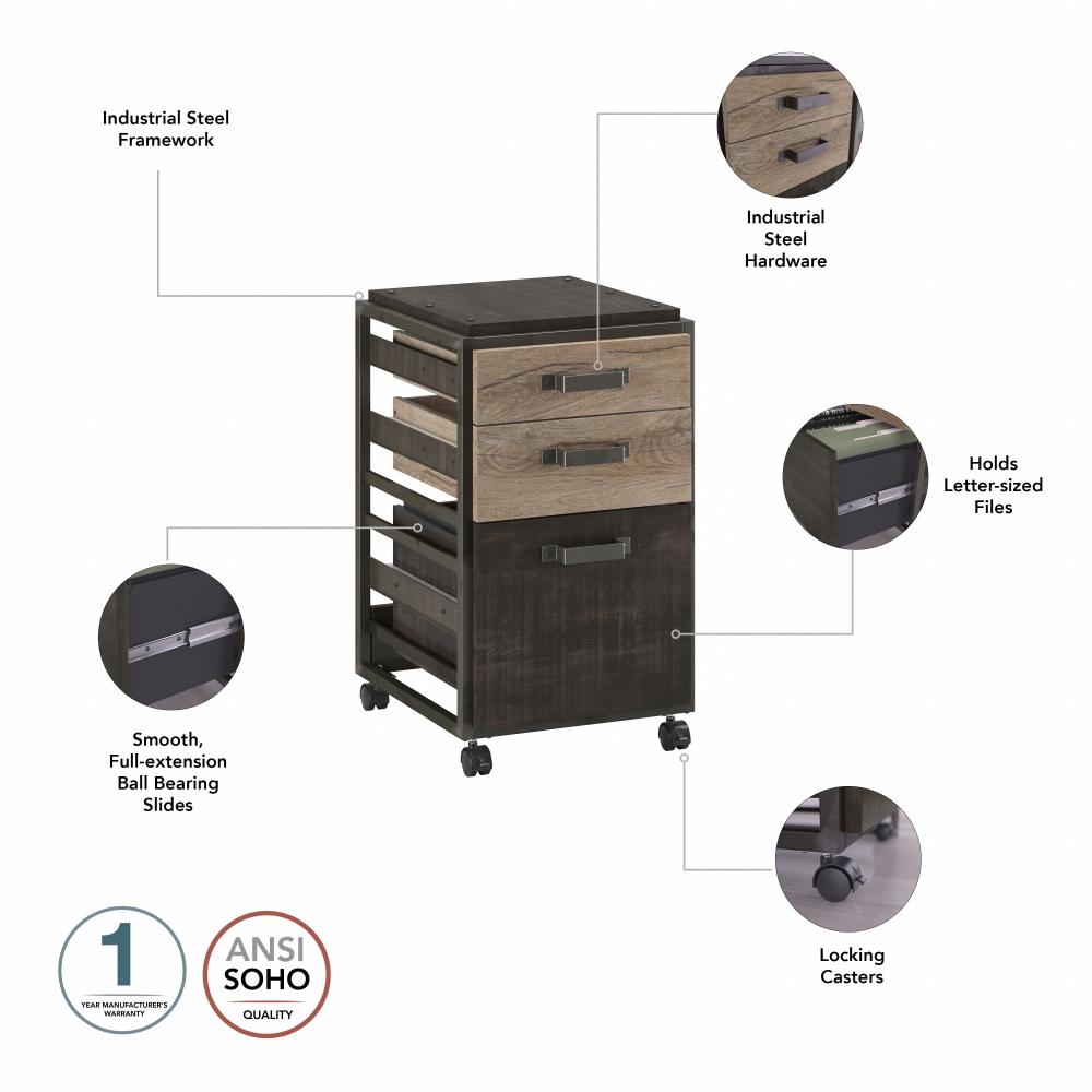 Shop Bush Furniture Refinery 3 Drawer Mobile File Cabinet, Image 06, RFF116RG-03, #color_rustic gray/charred wood