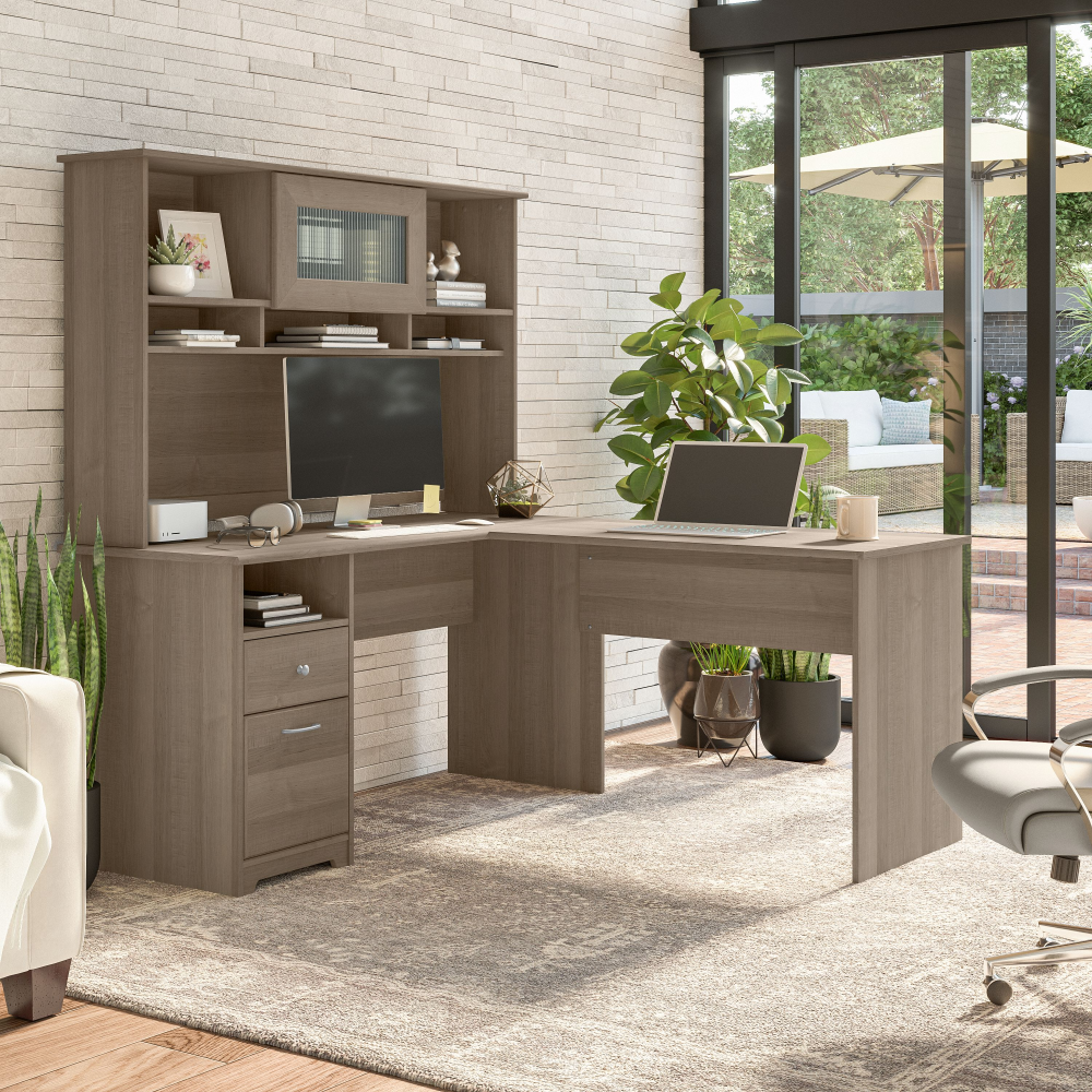 Shop Bush Furniture Cabot 60W L Shaped Computer Desk with Hutch and Drawers, Image 02, CAB046AG, #color_ash gray