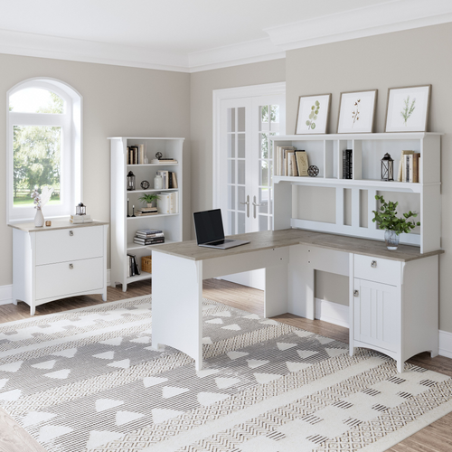 Shop Bush Furniture Salinas 60W L Shaped Desk with Hutch, Lateral File Cabinet and 5 Shelf Bookcase, Image 02, SAL007G2W, #color_shiplap gray/pure white