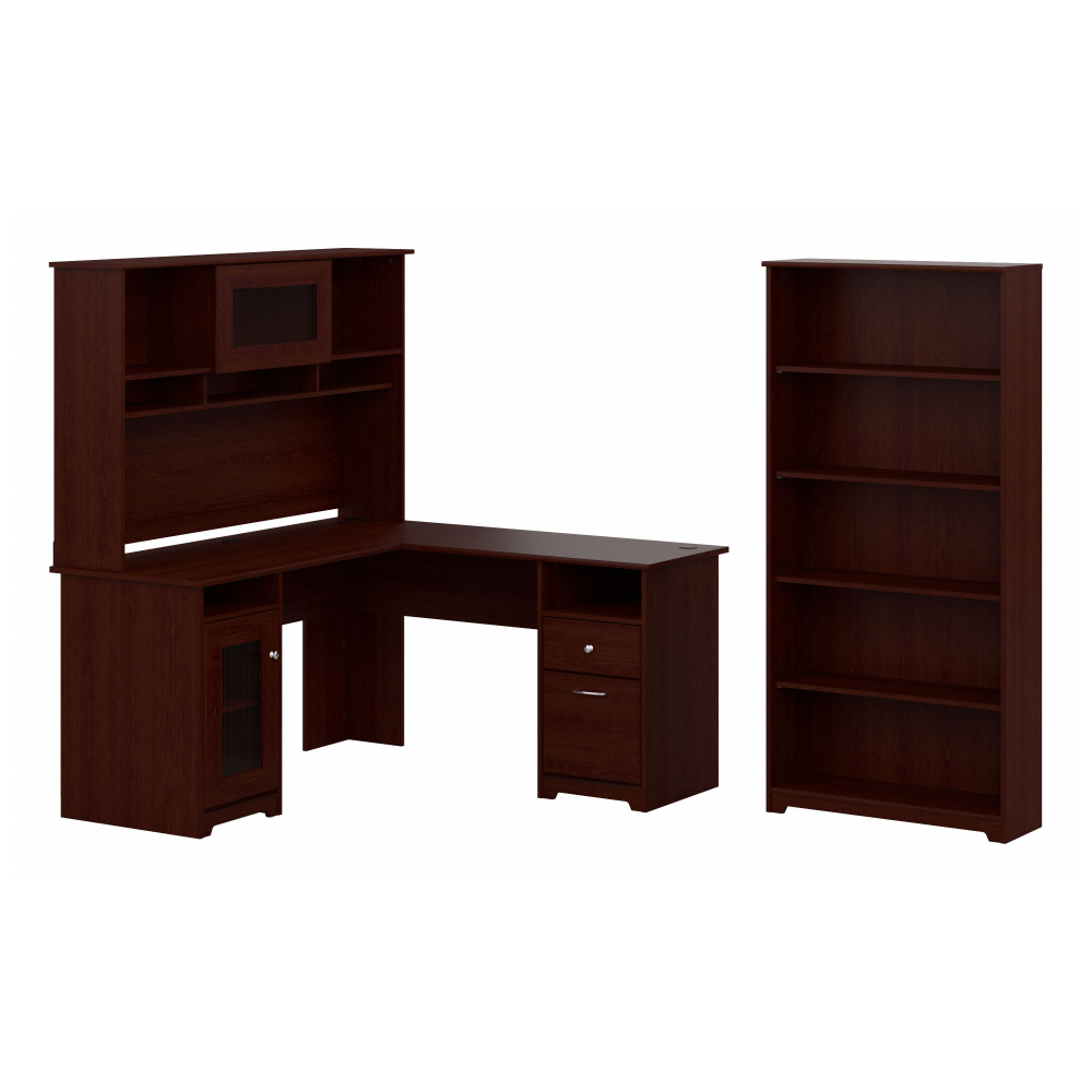 Shop Bush Furniture Cabot 60W L Shaped Computer Desk with Hutch and 5 Shelf Bookcase, Image 01, CAB011HVC, #color_harvest cherry