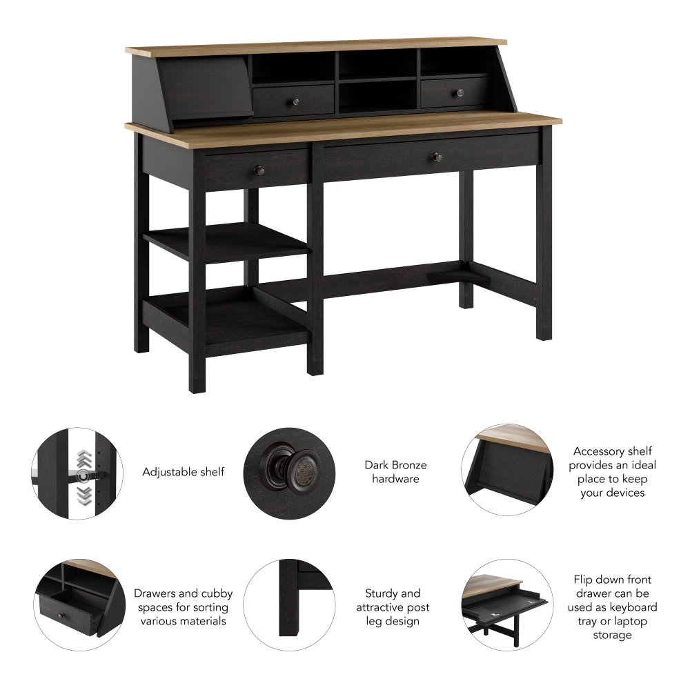 Shop Bush Furniture Mayfield 54W Computer Desk with Shelves and Desktop Organizer, Image 07, MAY001V2P, #color_vintage black/reclaimed pine