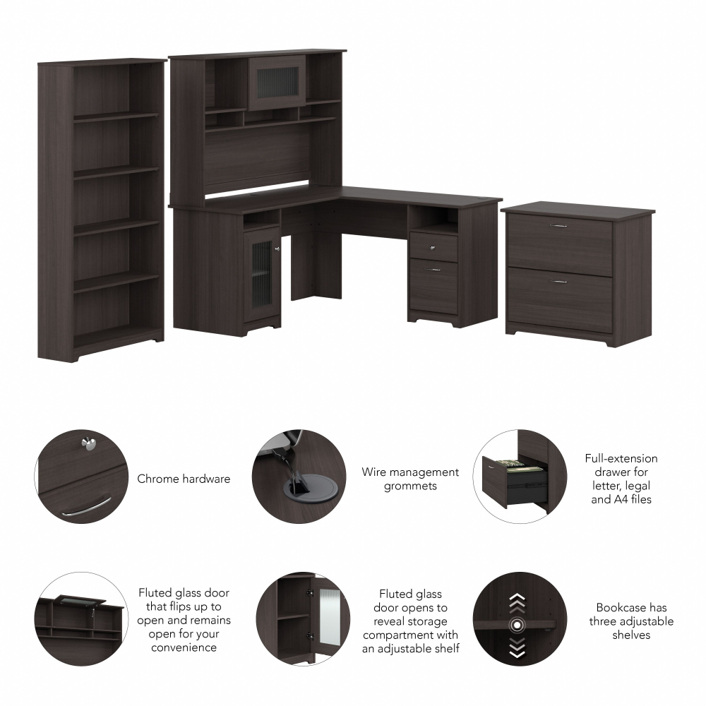 Shop Bush Furniture Cabot 60W L Shaped Computer Desk with Hutch, File Cabinet and Bookcase, Image 06, CAB010HRG, #color_heather gray
