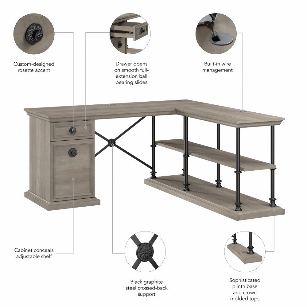 Shop Bush Furniture Coliseum 64W Designer L Shaped Desk with Storage, Image 08, CSD164DG-03K, #color_driftwood gray