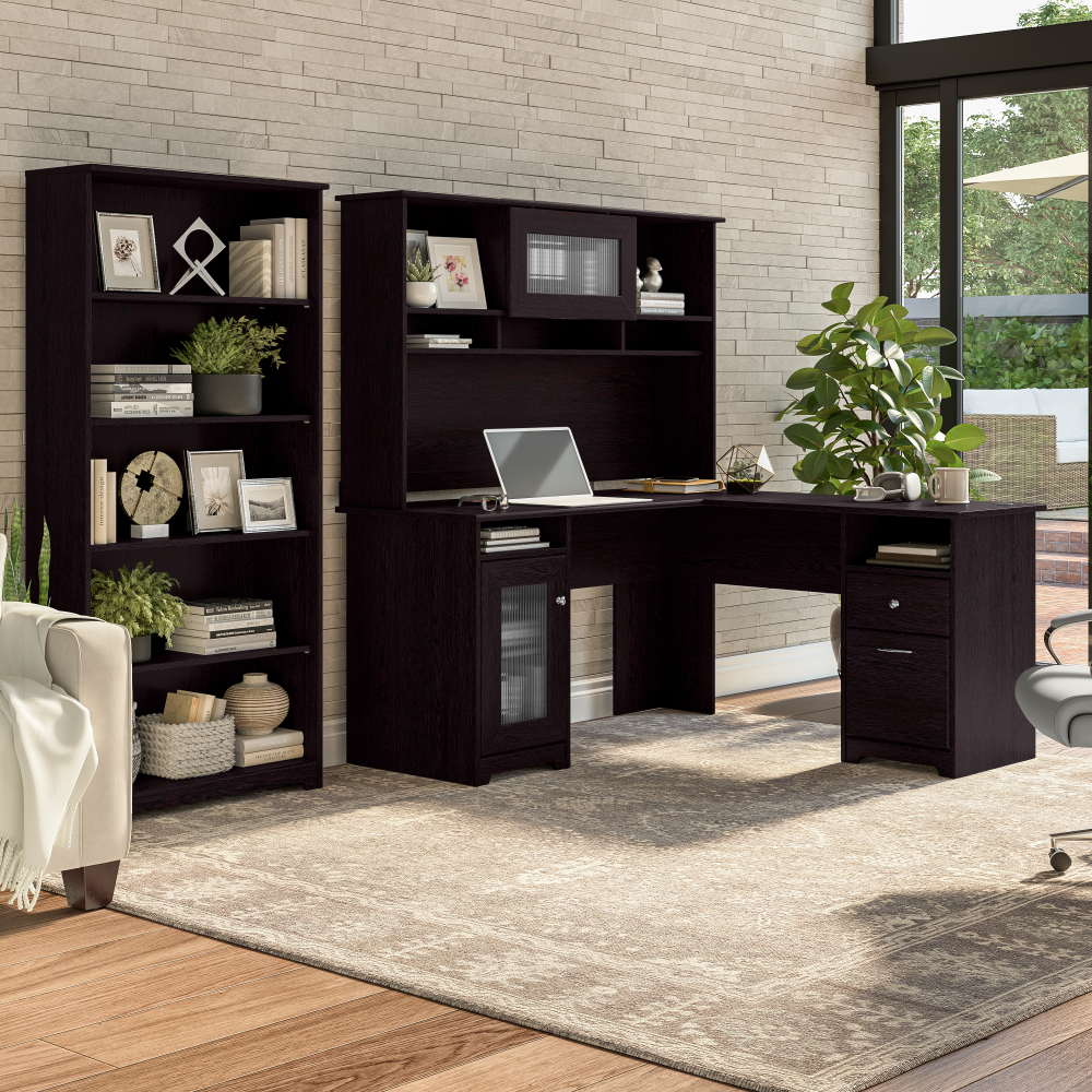 Shop Bush Furniture Cabot 60W L Shaped Computer Desk with Hutch and 5 Shelf Bookcase, Image 02, CAB011EPO, #color_espresso oak