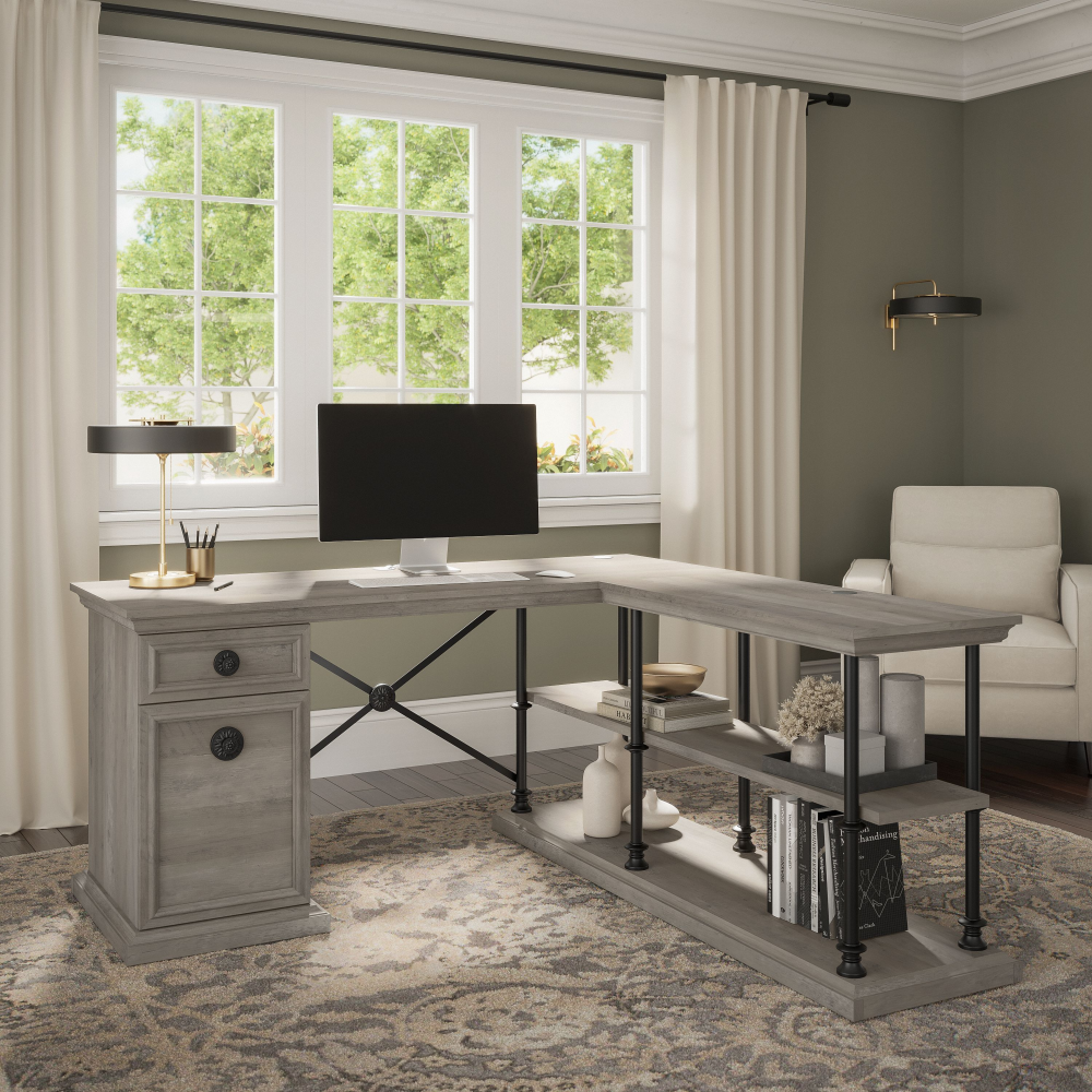 Shop Bush Furniture Coliseum 64W Designer L Shaped Desk with Storage, Image 02, CSD164DG-03K, #color_driftwood gray