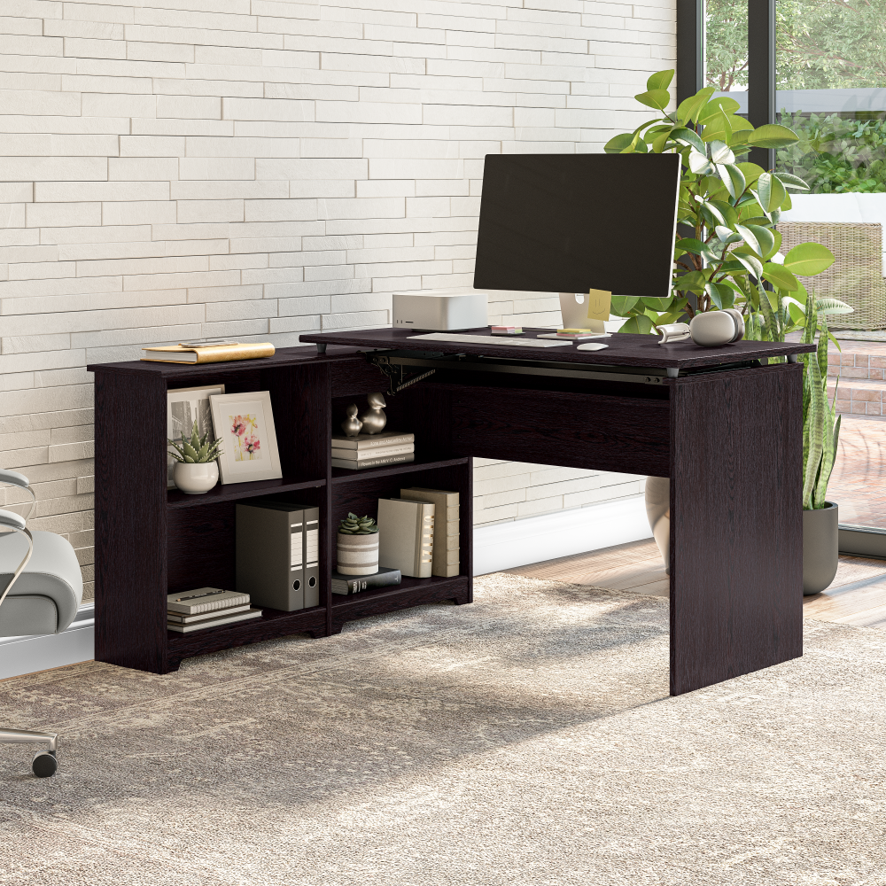 Shop Bush Furniture Cabot 52W 3 Position Sit to Stand Corner Desk with Shelves, Image 04, WC31816, #color_espresso oak