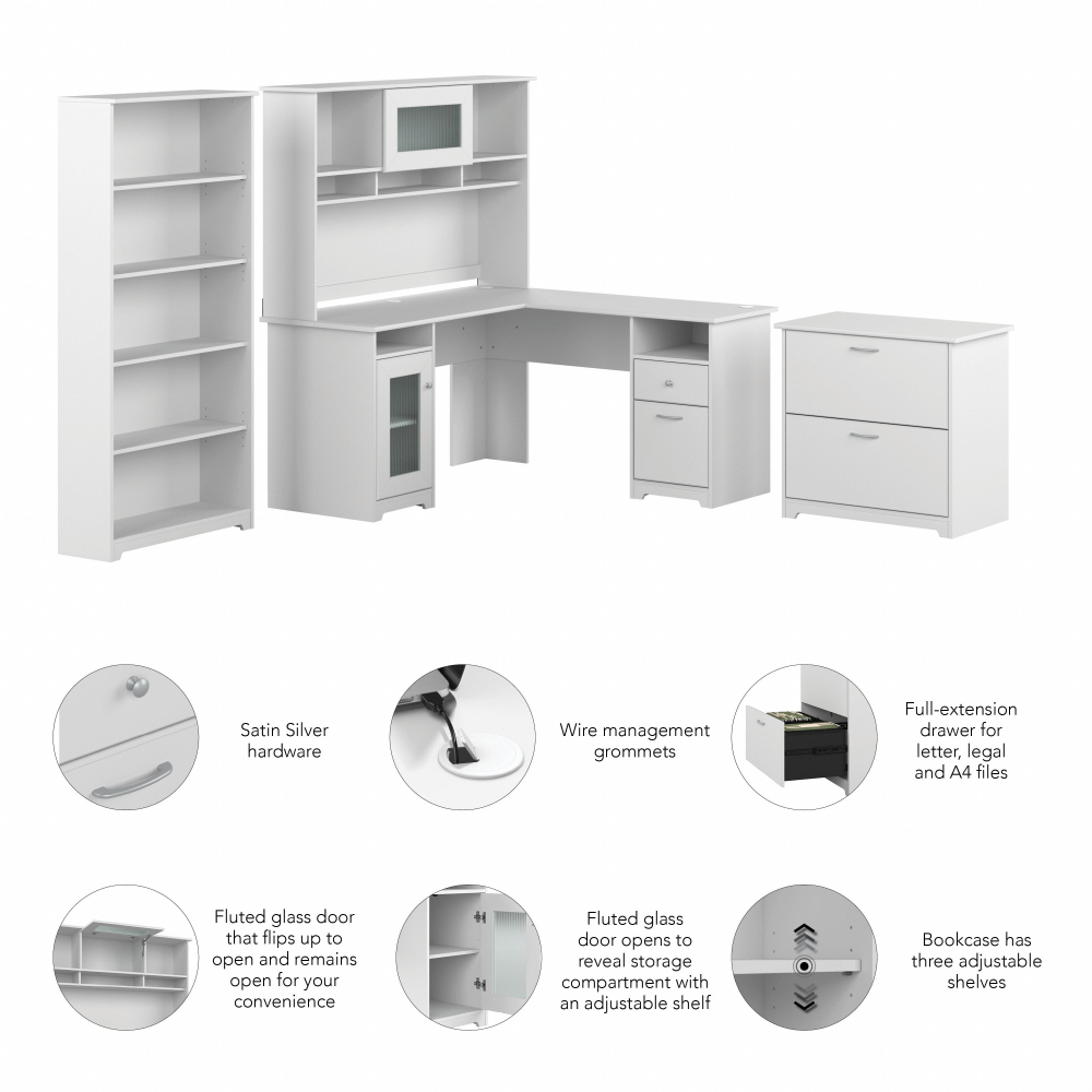 Shop Bush Furniture Cabot 60W L Shaped Computer Desk with Hutch, File Cabinet and Bookcase, Image 06, CAB010WHN, #color_white