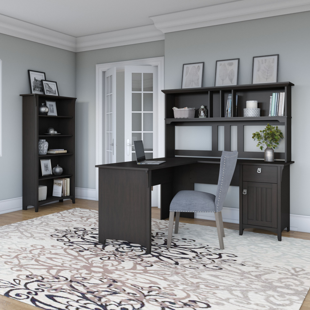 Shop Bush Furniture Salinas 60W L Shaped Desk with Hutch and 5 Shelf Bookcase, Image 02, SAL006VB, #color_vintage black