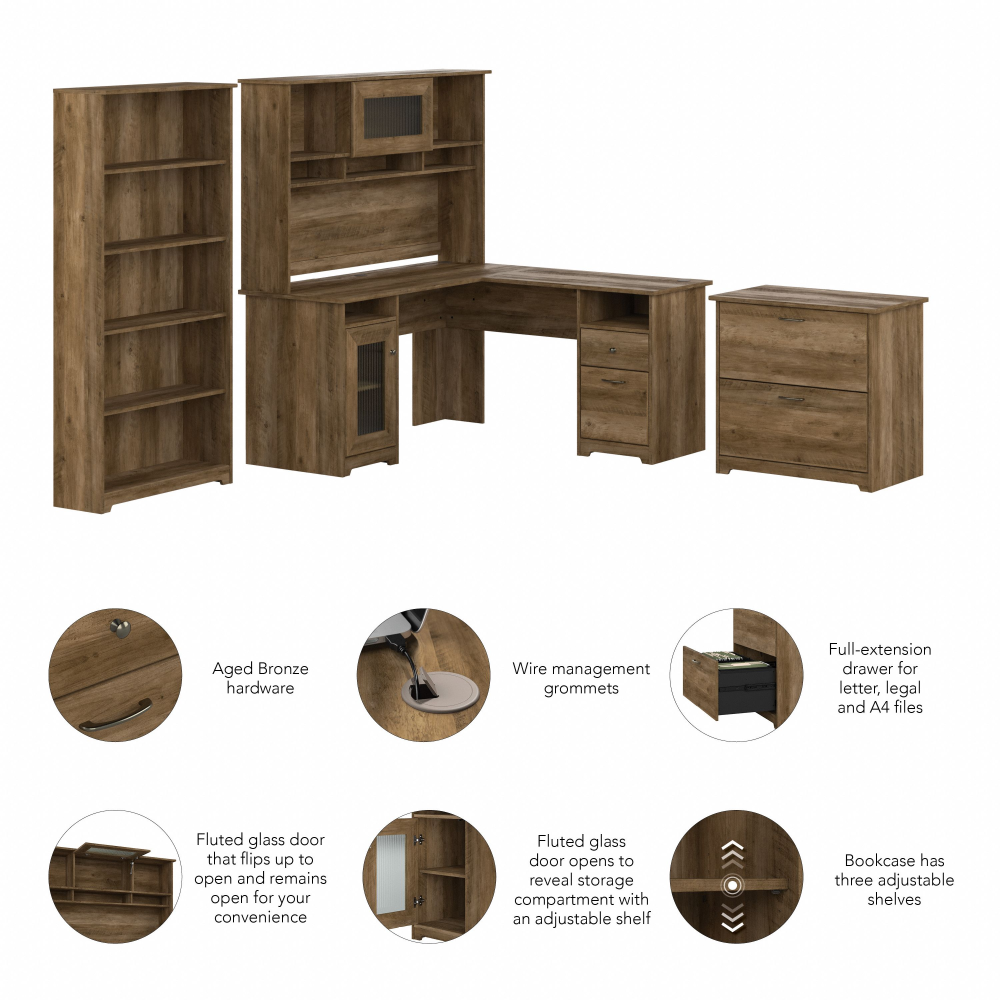 Shop Bush Furniture Cabot 60W L Shaped Computer Desk with Hutch, File Cabinet and Bookcase, Image 06, CAB010RCP, #color_reclaimed pine