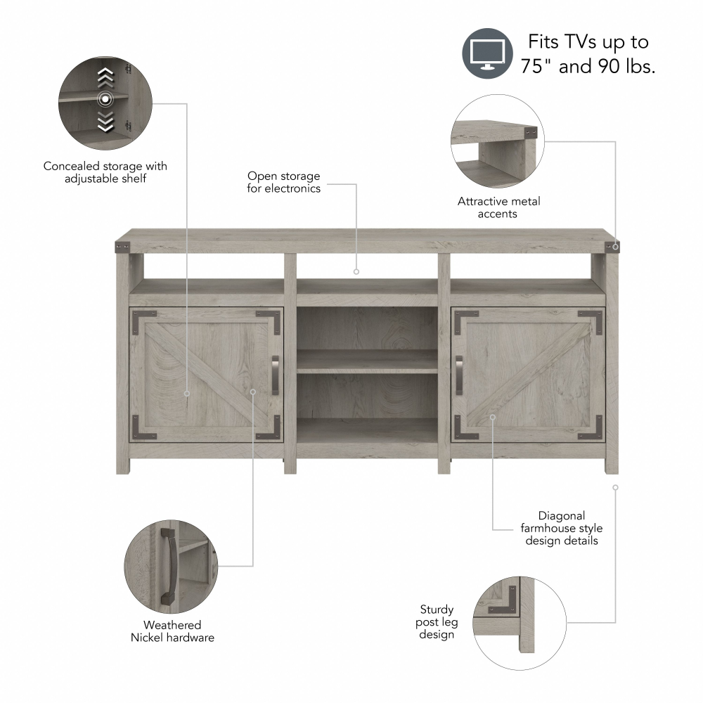 Shop Bush Furniture Knoxville 65W Farmhouse TV Stand for 75 Inch TV, Image 08, CGV265CWH-03, #color_cottage white