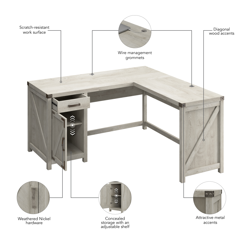 Shop Bush Furniture Knoxville 60W L Shaped Desk with Drawer and Storage Cabinet, Image 08, CGD160CWH-03, #color_cottage white
