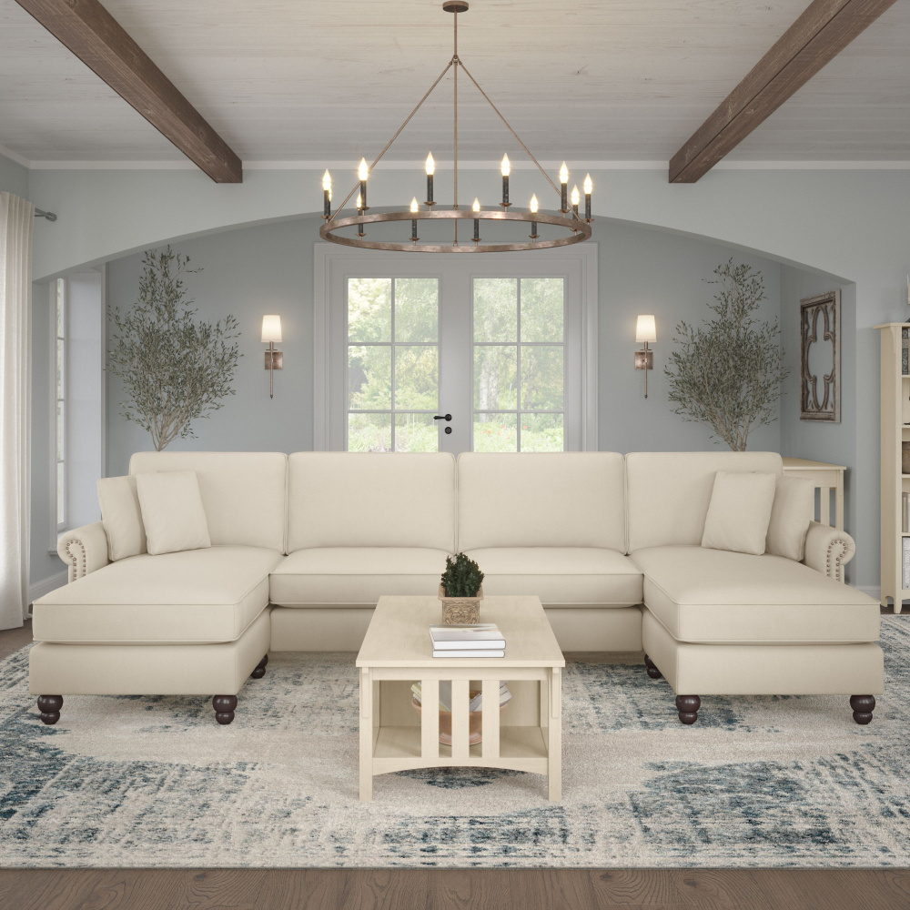 Shop Bush Furniture Coventry 131W Sectional Couch with Double Chaise Lounge, Image 02, CVY130BCRH-03K, #color_cream herringbone fabric