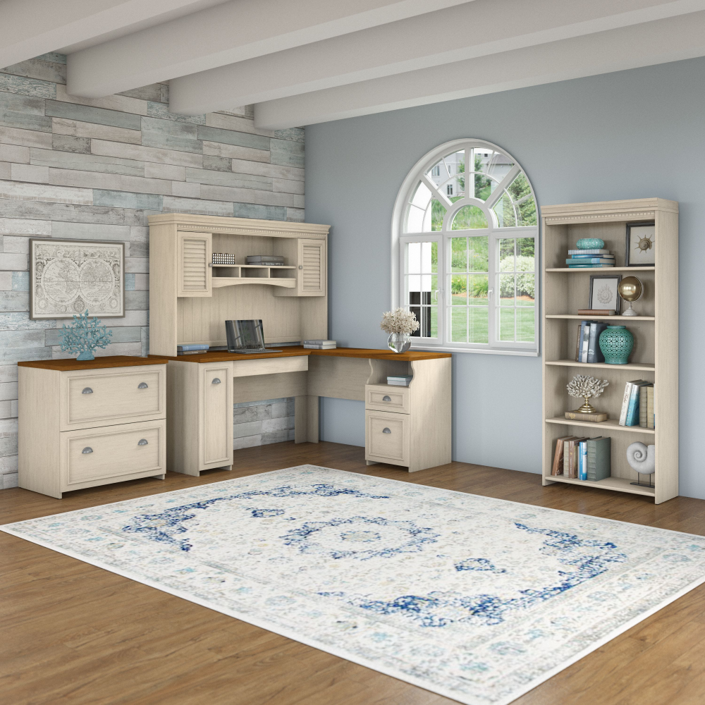 Shop Bush Furniture Fairview 60W L Shaped Desk with Hutch, Lateral File Cabinet and 5 Shelf Bookcase, Image 02, FV006AW, #color_antique white