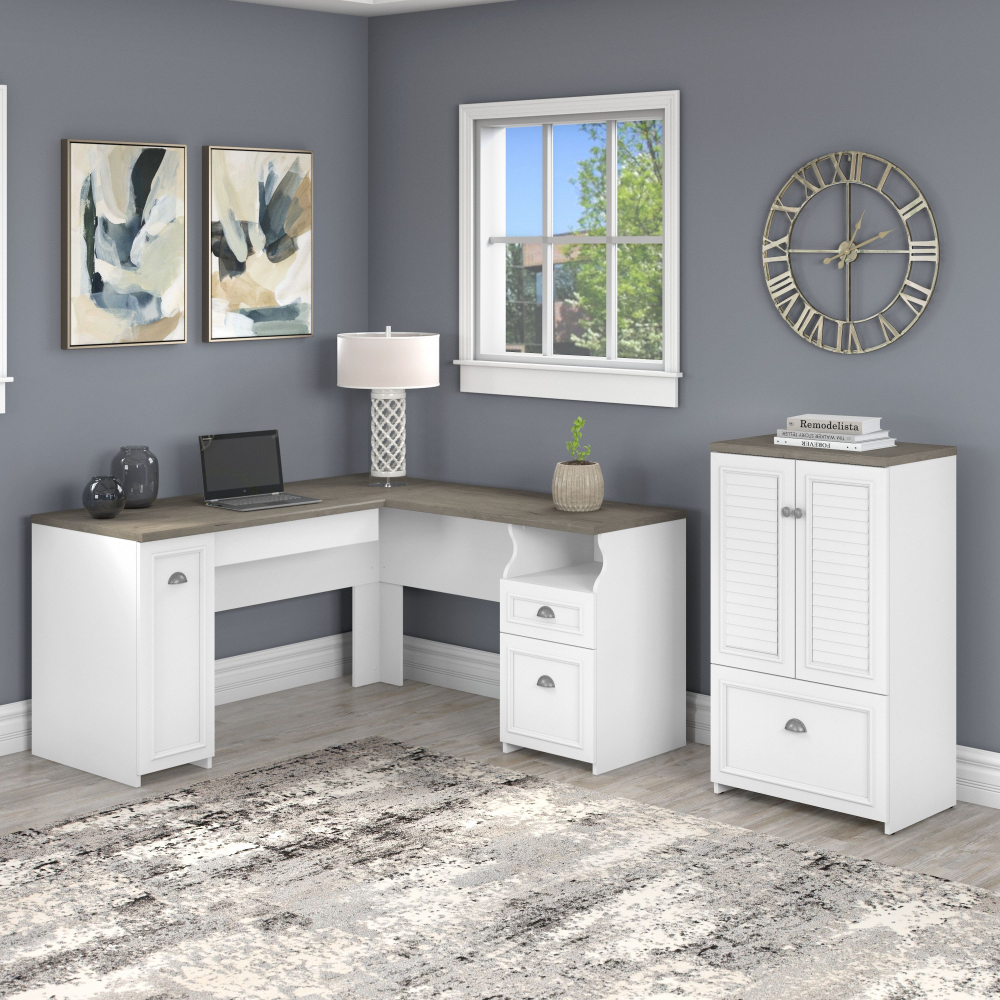 Shop Bush Furniture Fairview 60W L Shaped Desk and 2 Door Storage Cabinet with File Drawer, Image 02, FV009G2W, #color_shiplap gray/pure white
