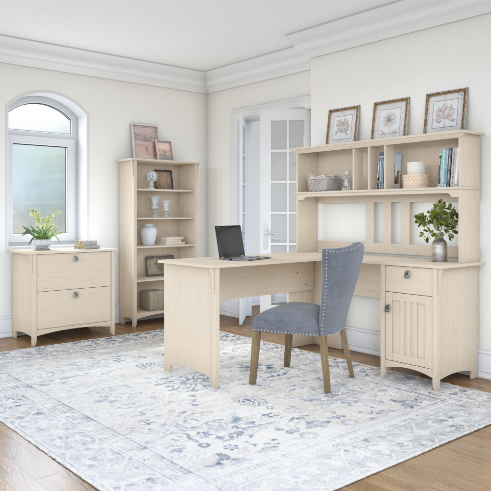 Shop Bush Furniture Salinas 60W L Shaped Desk with Hutch, Lateral File Cabinet and 5 Shelf Bookcase, Image 02, SAL007AW, #color_antique white
