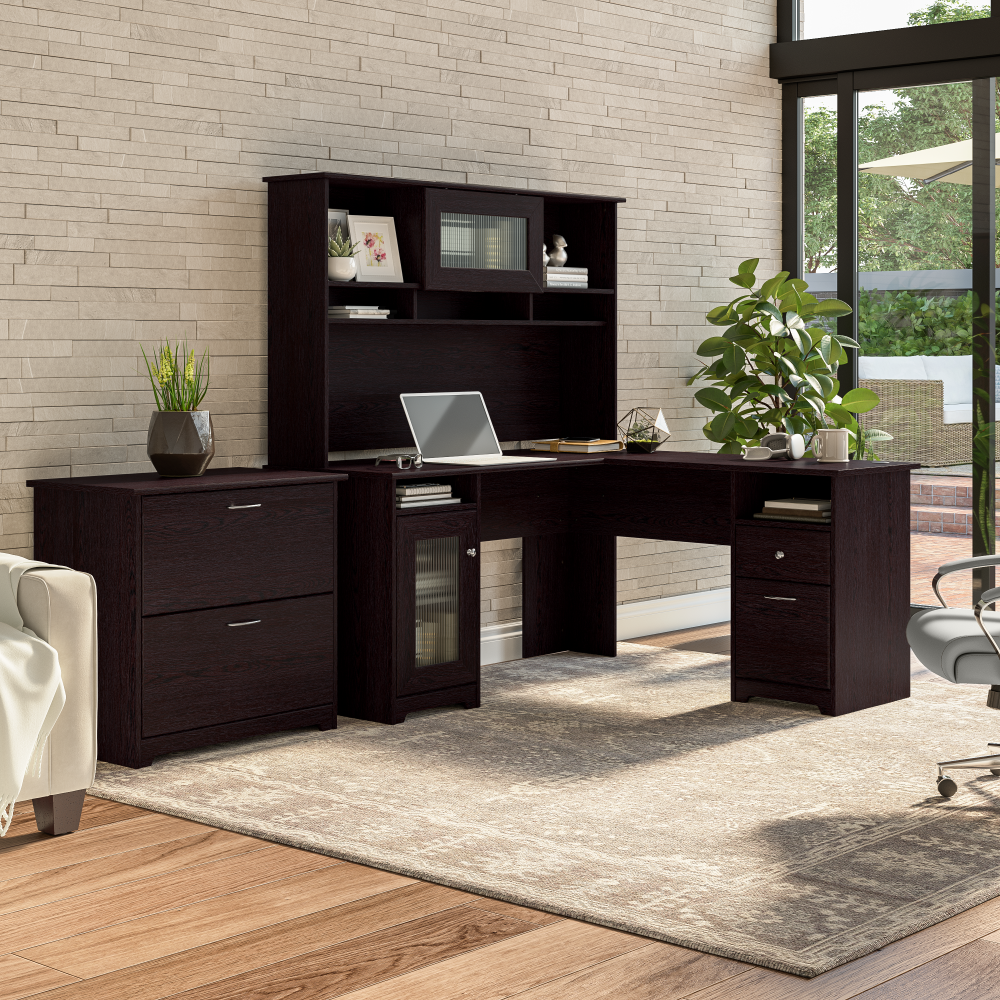 Shop Bush Furniture Cabot 60W L Shaped Computer Desk with Hutch and Lateral File Cabinet, Image 02, CAB005EPO, #color_espresso oak