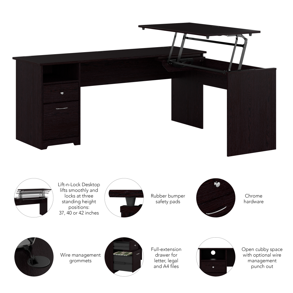 Shop Bush Furniture Cabot 72W 3 Position Sit to Stand L Shaped Desk, Image 08, CAB050EPO, #color_espresso oak