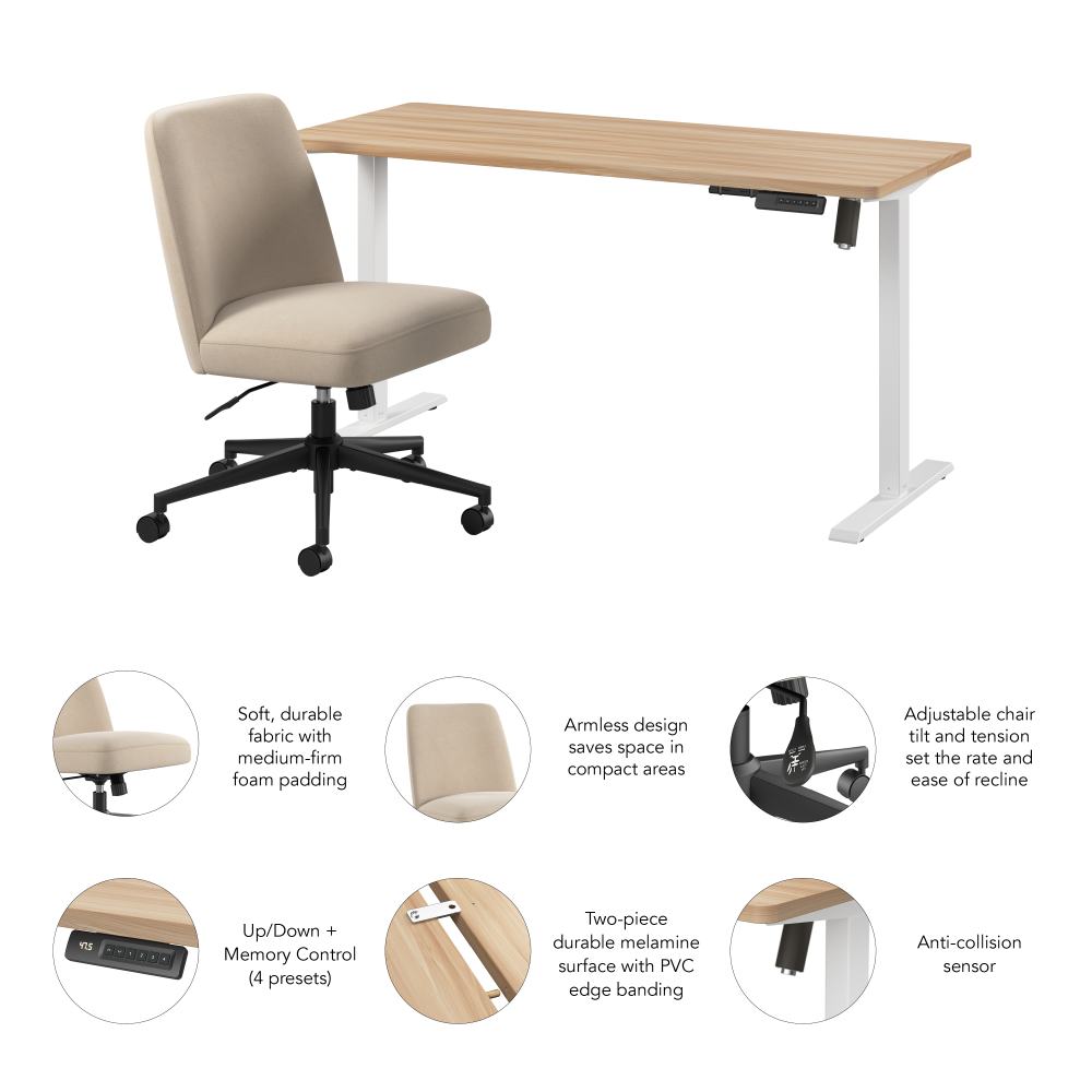 Shop Bush Furniture Energize 55W x 24D Electric Height Adjustable Standing Desk and Chair Set, Image 06, EGZ001MAW, #color_maple/white frame