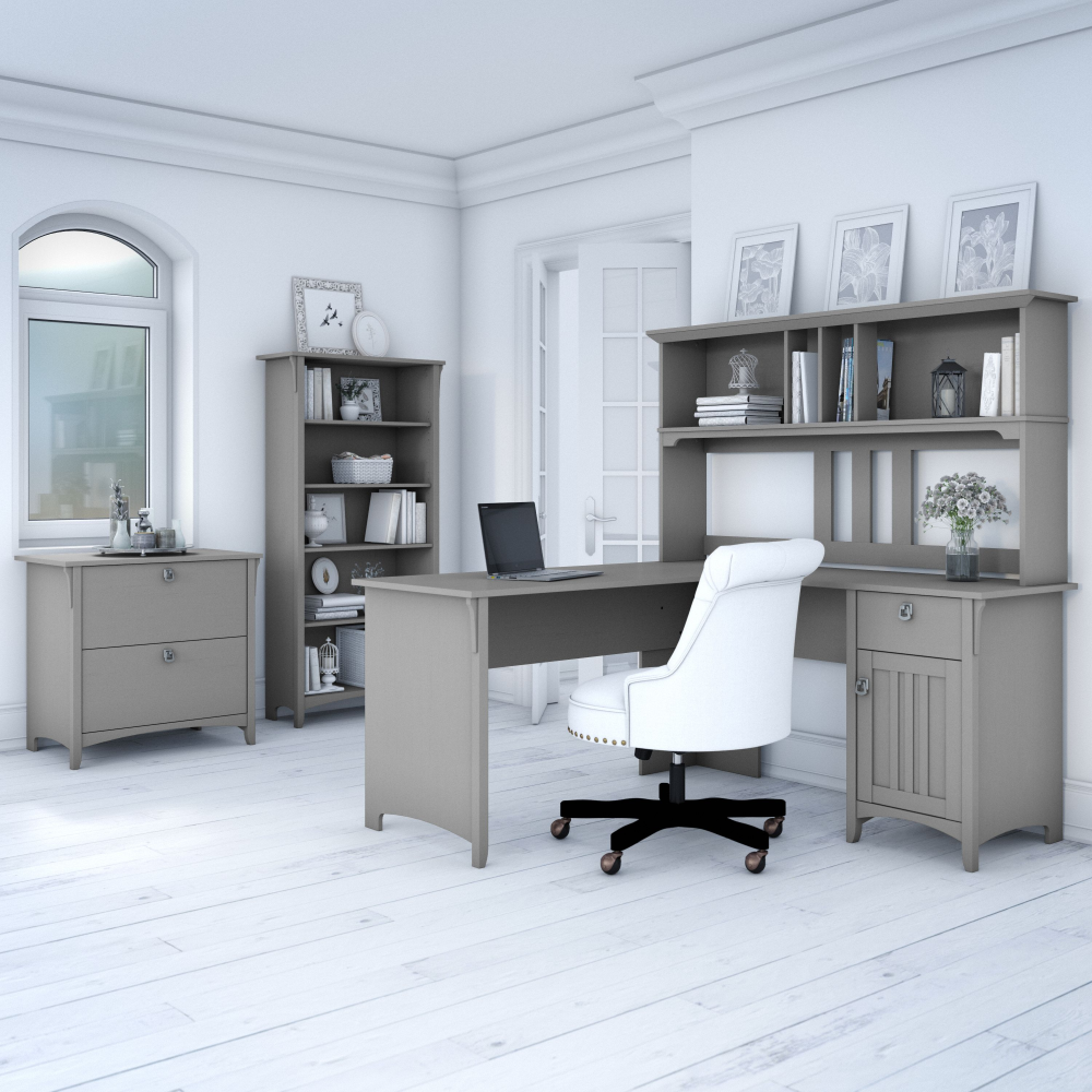 Shop Bush Furniture Salinas 60W L Shaped Desk with Hutch, Lateral File Cabinet and 5 Shelf Bookcase, Image 02, SAL007CG, #color_cape cod gray
