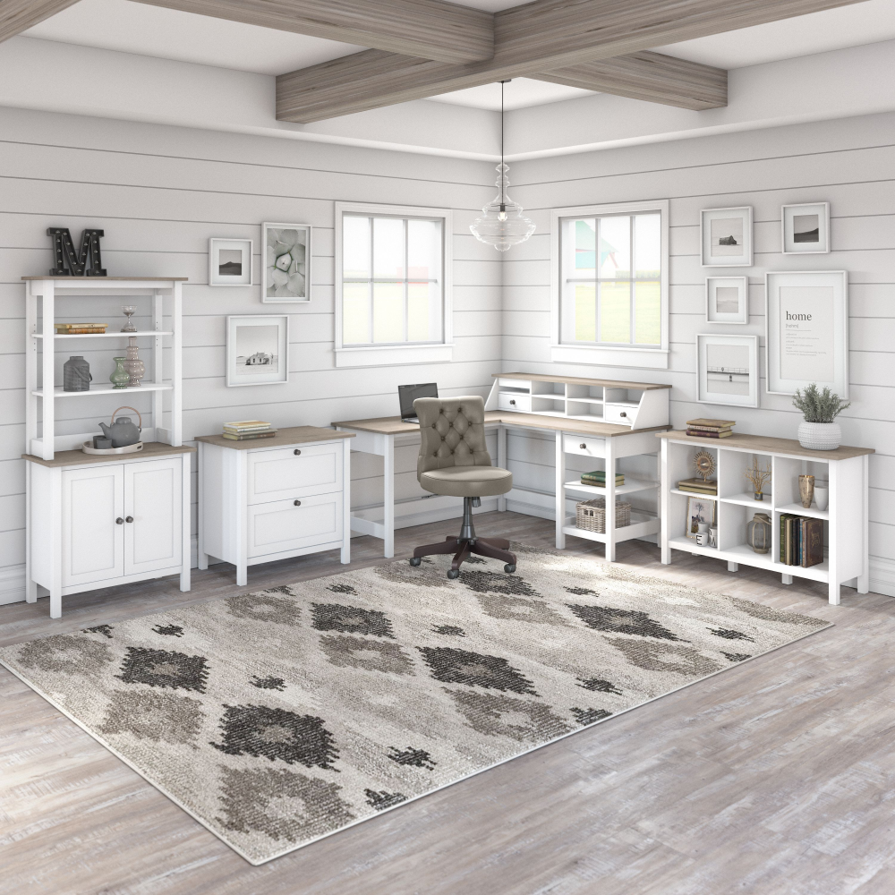 Shop Bush Furniture Mayfield 60W L Shaped Computer Desk with Chair and Storage, Image 02, MAY023GW2, #color_shiplap gray/pure white