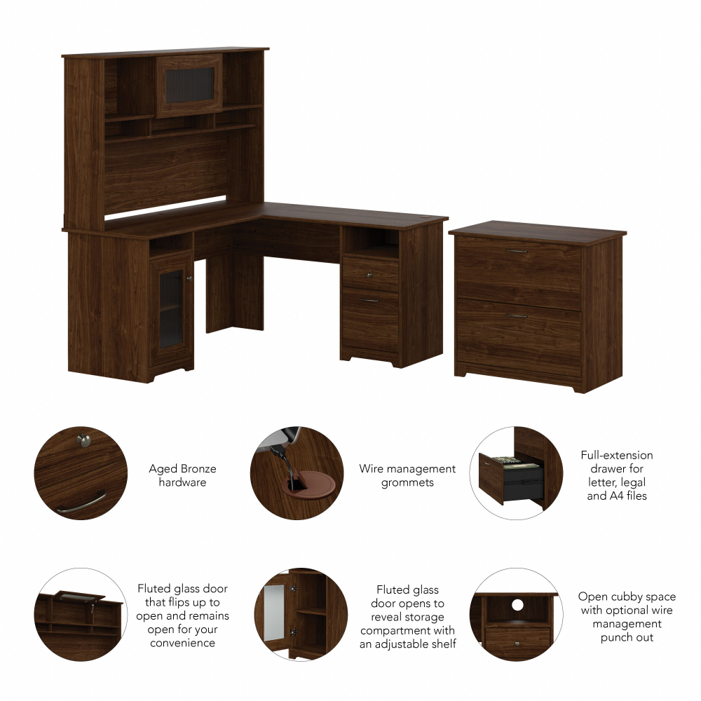 Shop Bush Furniture Cabot 60W L Shaped Computer Desk with Hutch and Lateral File Cabinet, Image 06, CAB005MW, #color_modern walnut