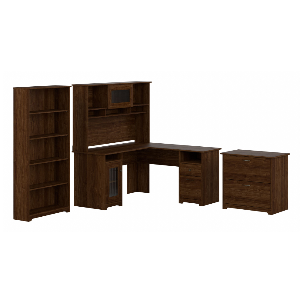 Shop Bush Furniture Cabot 60W L Shaped Computer Desk with Hutch, File Cabinet and Bookcase, Image 01, CAB010MW, #color_modern walnut