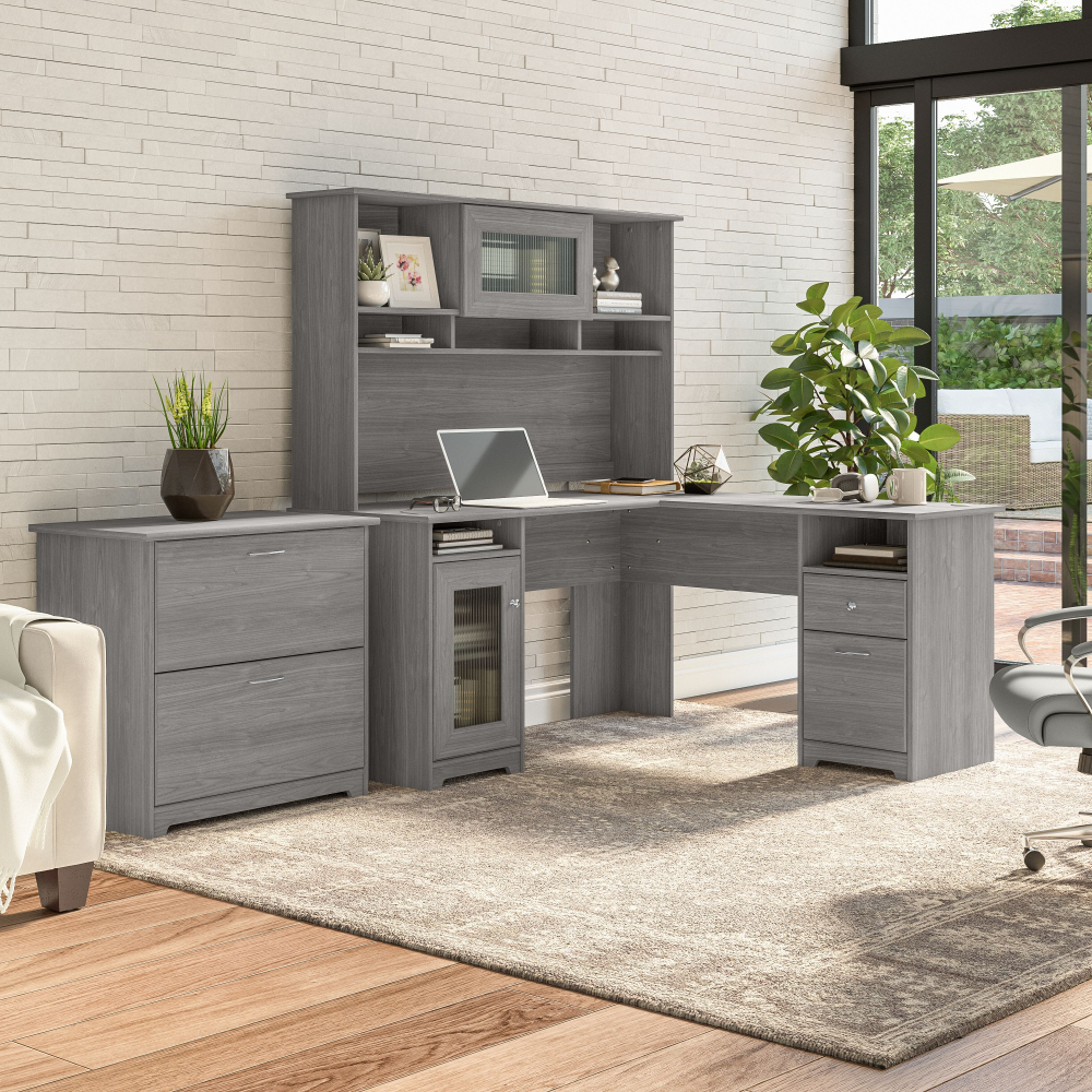 Shop Bush Furniture Cabot 60W L Shaped Computer Desk with Hutch and Lateral File Cabinet, Image 02, CAB005MG, #color_modern gray