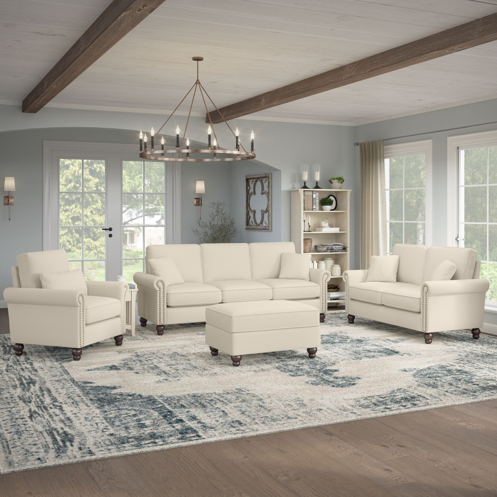 Shop Bush Furniture Coventry 85W Sofa with Loveseat, Accent Chair, and Ottoman, Image 02, CVN020CRH, #color_cream herringbone fabric
