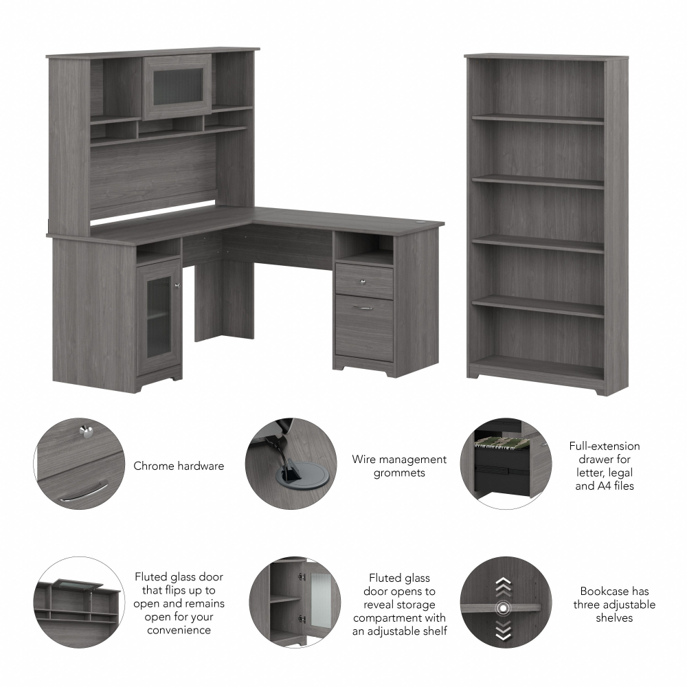 Shop Bush Furniture Cabot 60W L Shaped Computer Desk with Hutch and 5 Shelf Bookcase, Image 06, CAB011MG, #color_modern gray