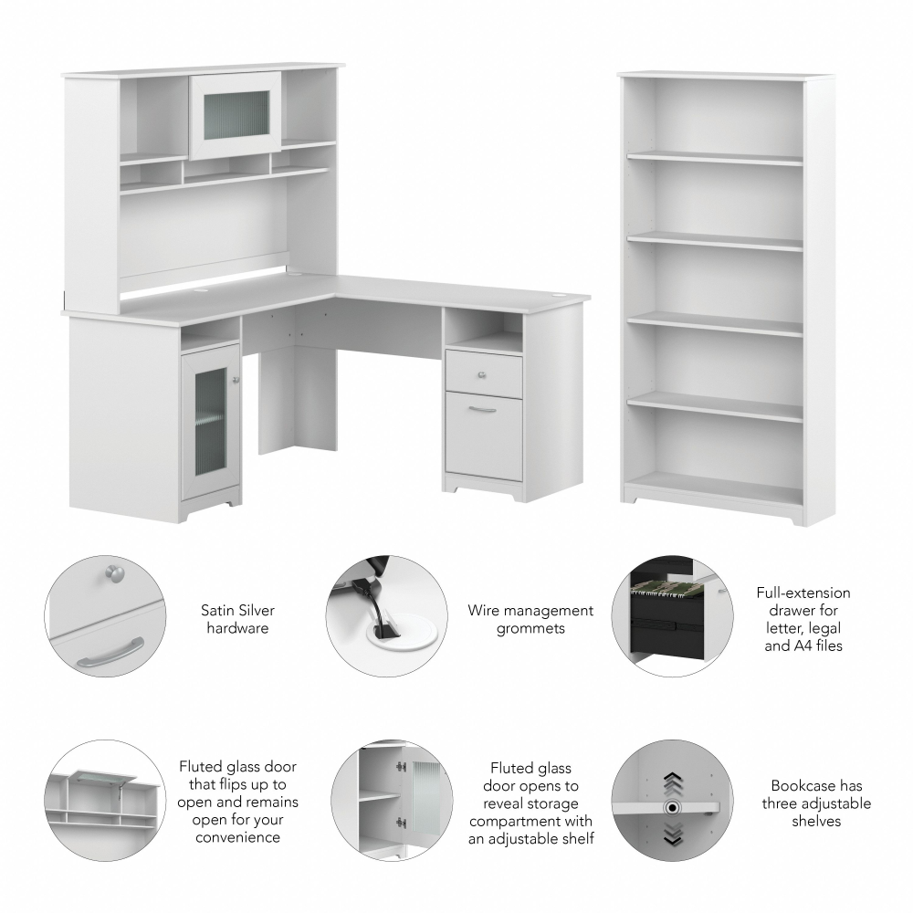 Shop Bush Furniture Cabot 60W L Shaped Computer Desk with Hutch and 5 Shelf Bookcase, Image 06, CAB011WHN, #color_white