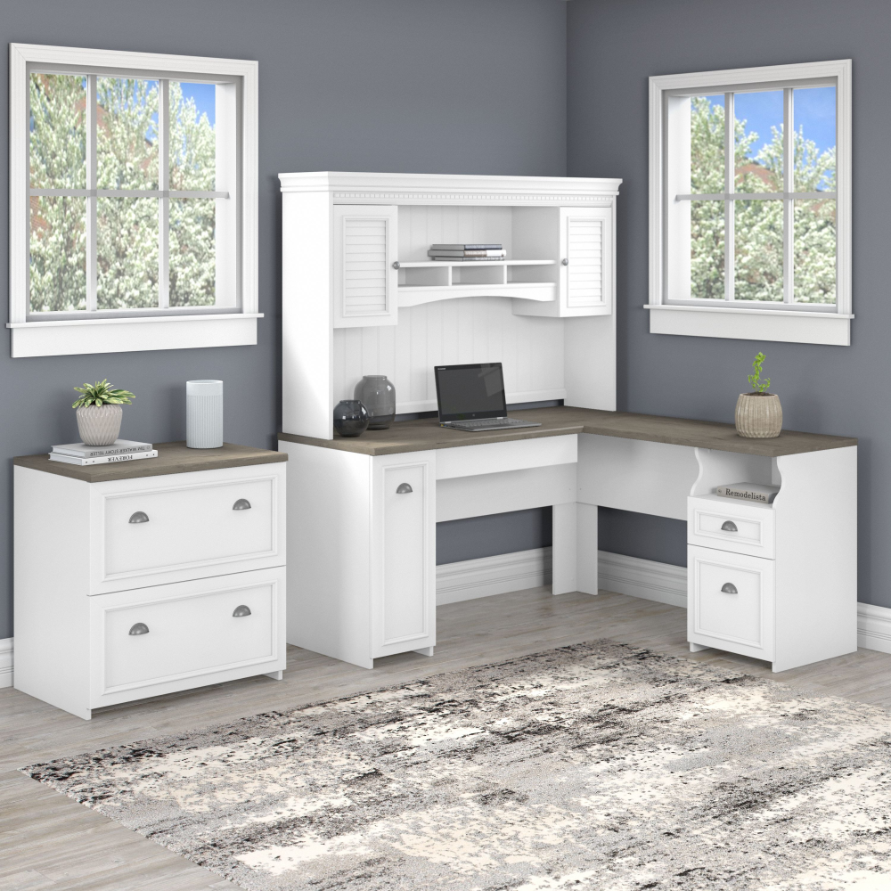 Shop Bush Furniture Fairview 60W L Shaped Desk with Hutch and Lateral File Cabinet, Image 02, FV003G2W, #color_shiplap gray/pure white