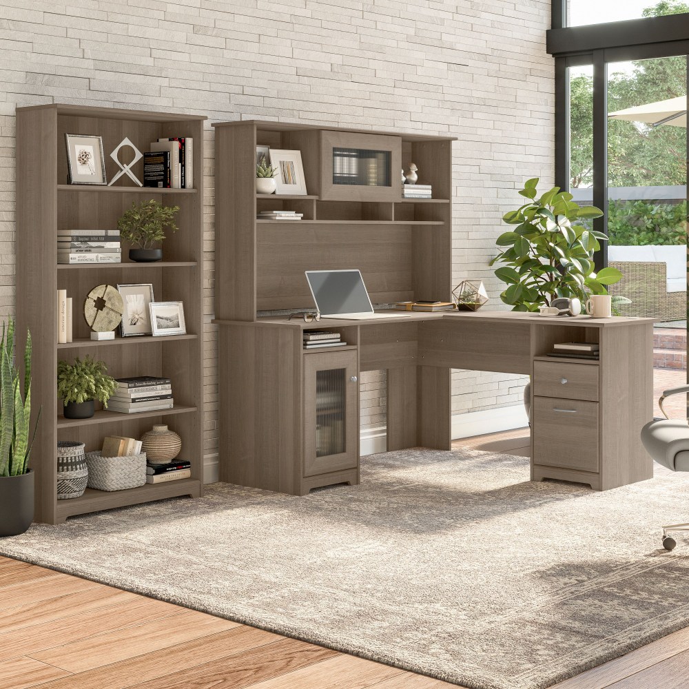 Shop Bush Furniture Cabot 60W L Shaped Computer Desk with Hutch and 5 Shelf Bookcase, Image 02, CAB011AG, #color_ash gray