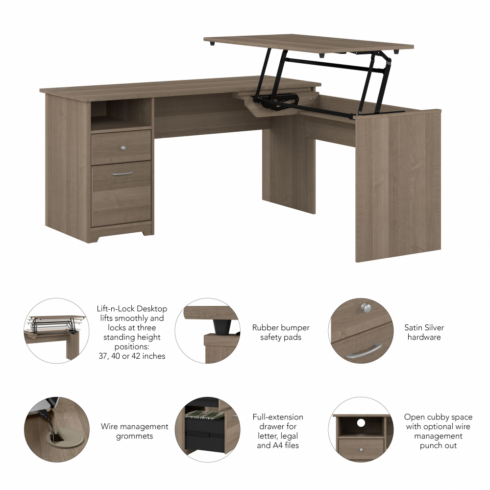 Shop Bush Furniture Cabot 60W 3 Position Sit to Stand L Shaped Desk, Image 08, CAB043AG, #color_ash gray